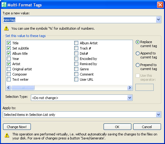 Multi-format tags dialog