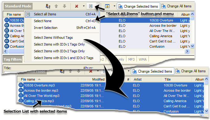 Using 'Select All' button and menu for edit multiple MP3 files